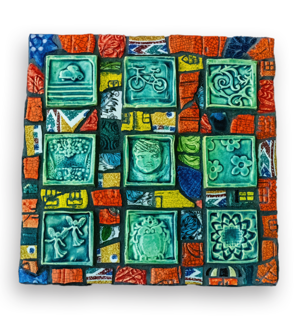 A mosaic depicting square tiles with embossed patterns.