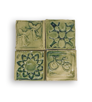 A collection of four textured square tiles in olive green.